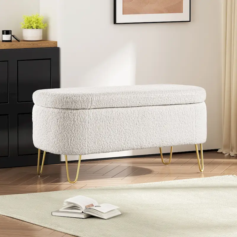 Oval Storage Bench for Living Room Bedroom End of Bed, Upholstered Storage Ottoman Entryway Bench With Metal Legs