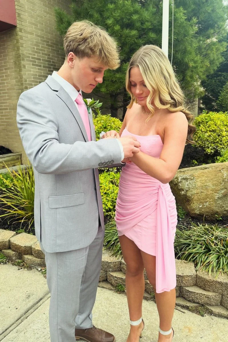 Pink - Sheath Strapless Pleated Short Homecoming Dresses With Train