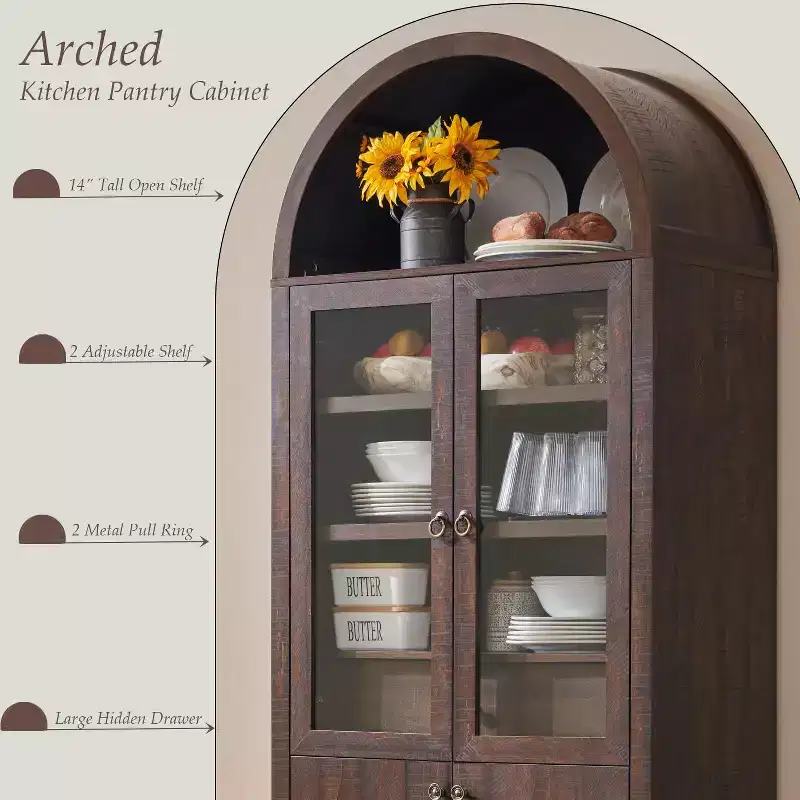 71 Tall Arched Pantry Cabinet with 4 Doors & Adjustable Shelves & Hidden Drawer, Modern Farmhouse kitchen Storage Cabinet
