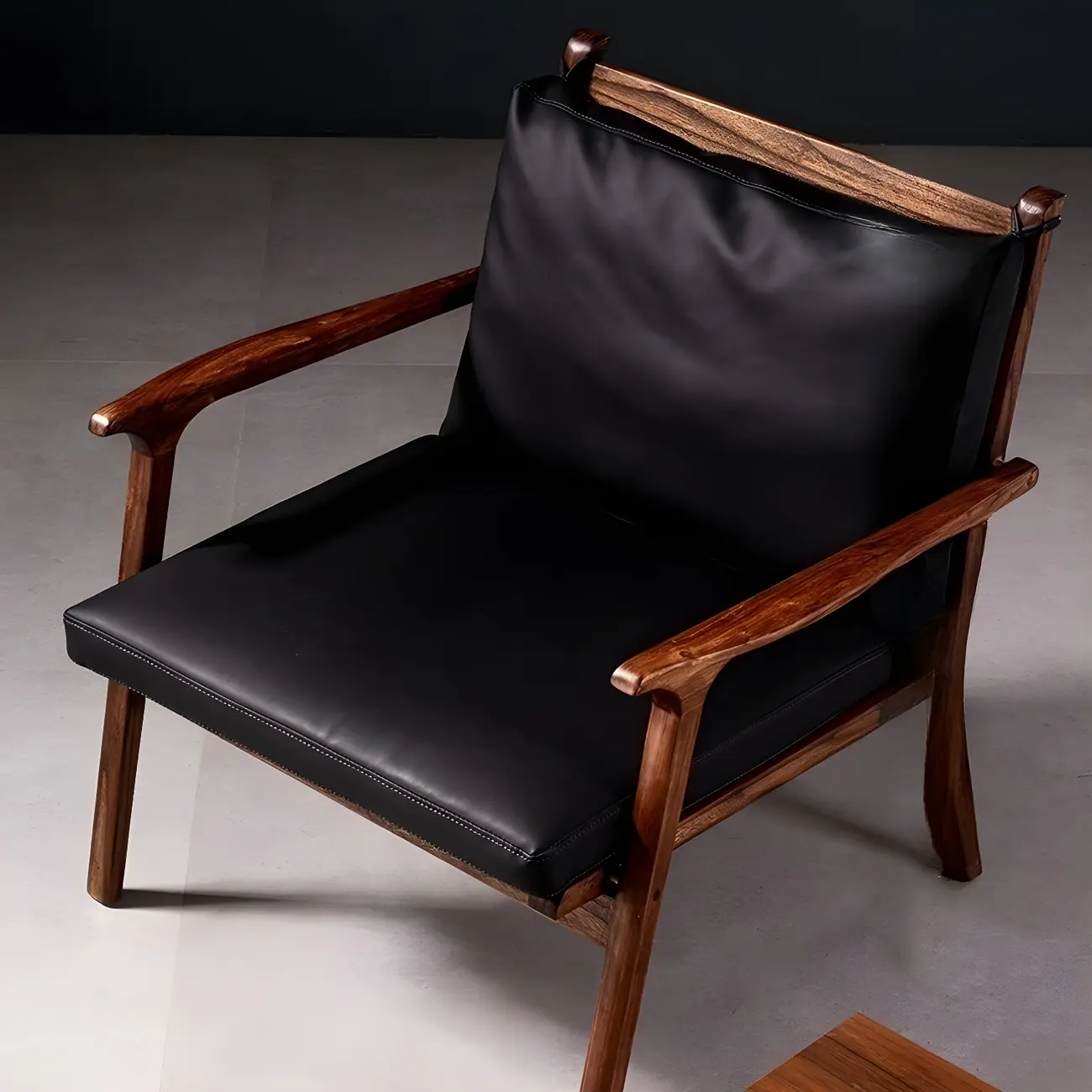 Scandinavian Faux Leather Wood Square Arm Accent Chair