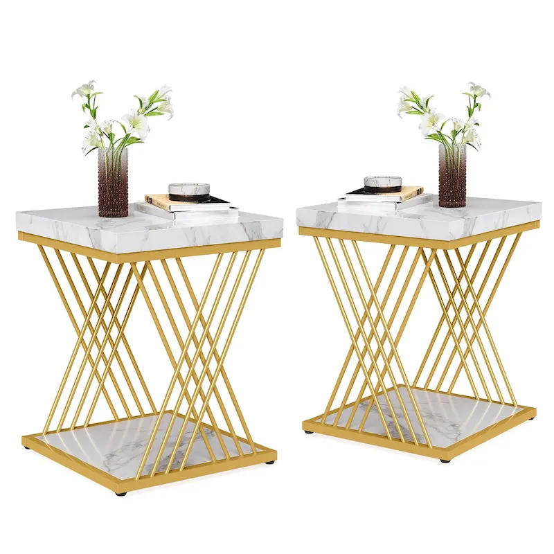 19.75 Inch Faux Marble Square End Table, Modern Bedside Tables, Gold Accent Table Living Room