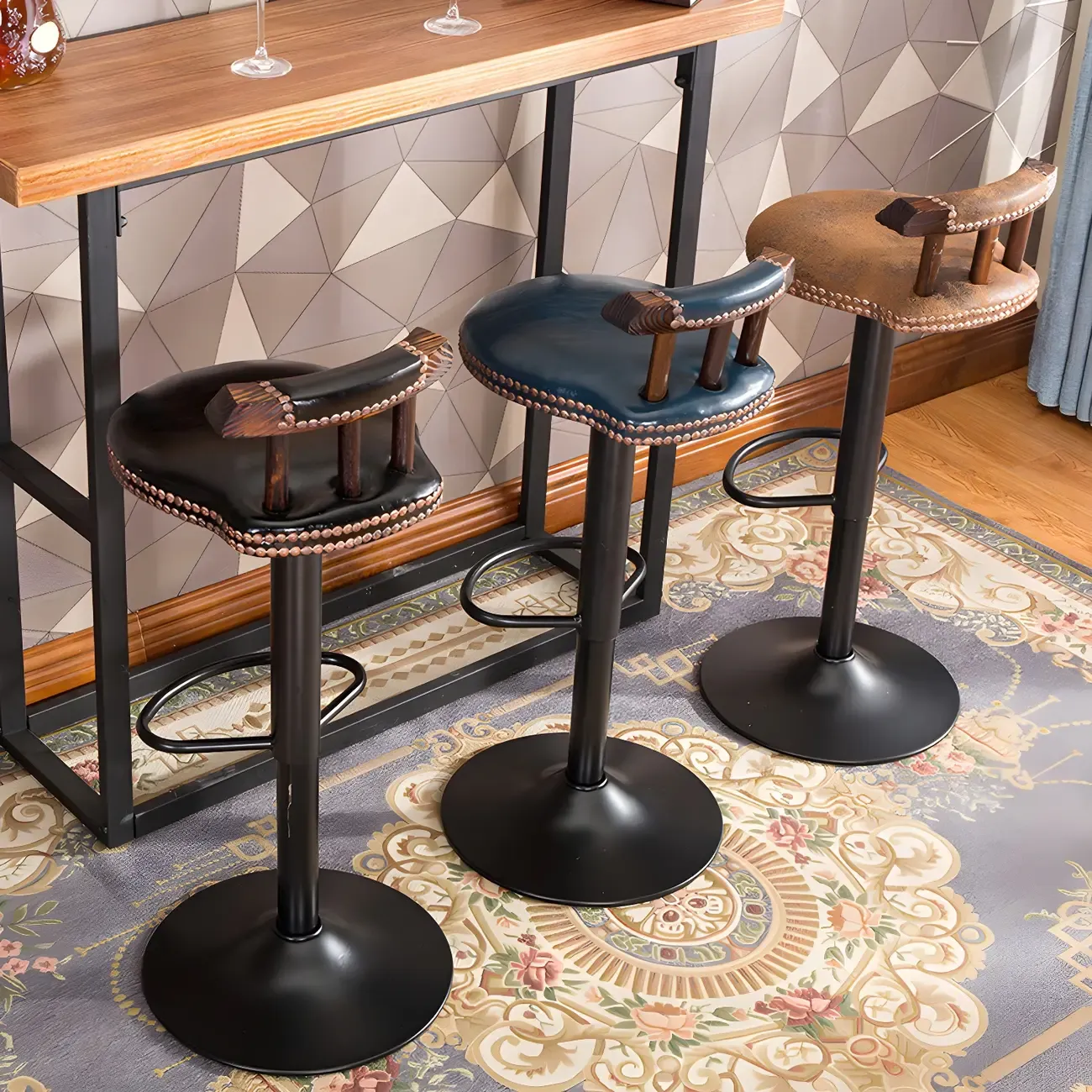 Industrial Round Leather Adjustable Bar Stools