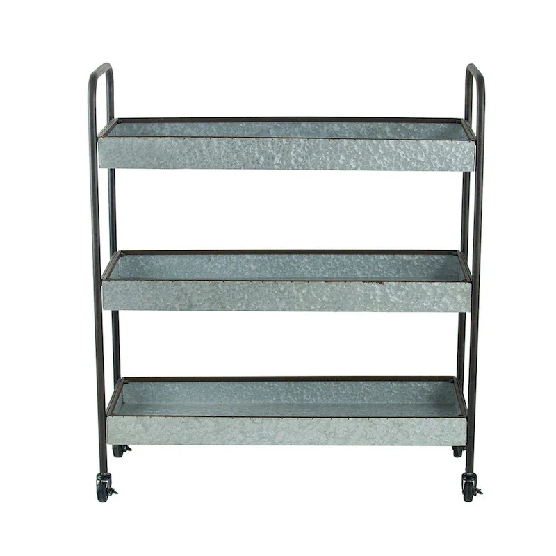 40 Inch Metal Rolling Cart, 3 Tier Shelves, Caster Wheels, Galvanized Gray