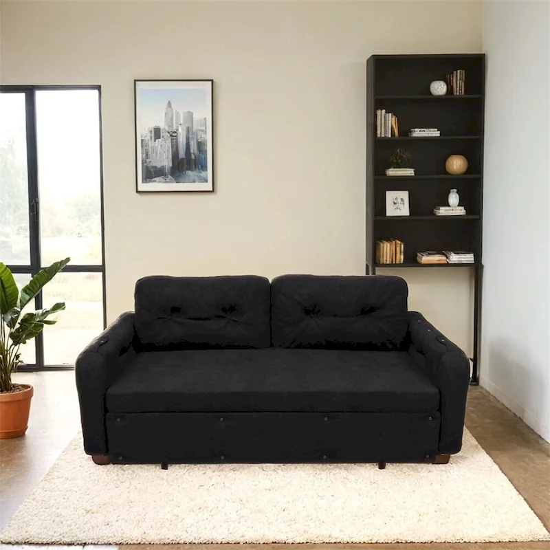 Beige / Black Velvet Pull-Out Sofa Bed, Hydraulic Convertible, Queen, Sleeps 2