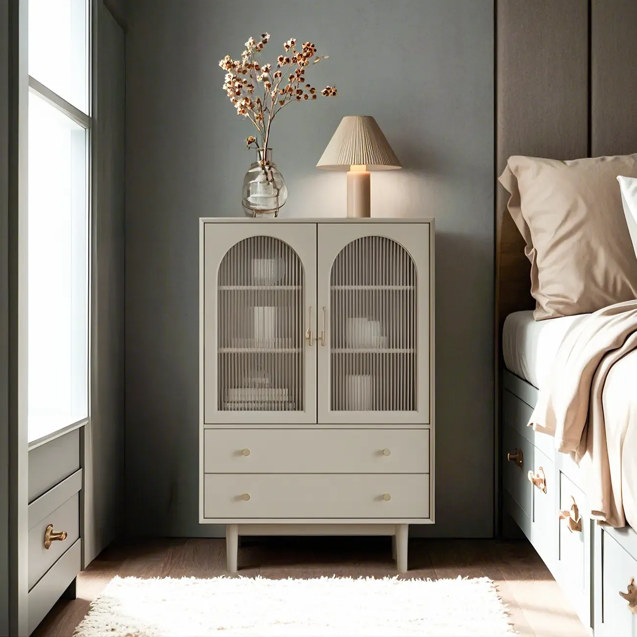 Elegant Wooden Combo Dresser with Shelves and 4-Drawers