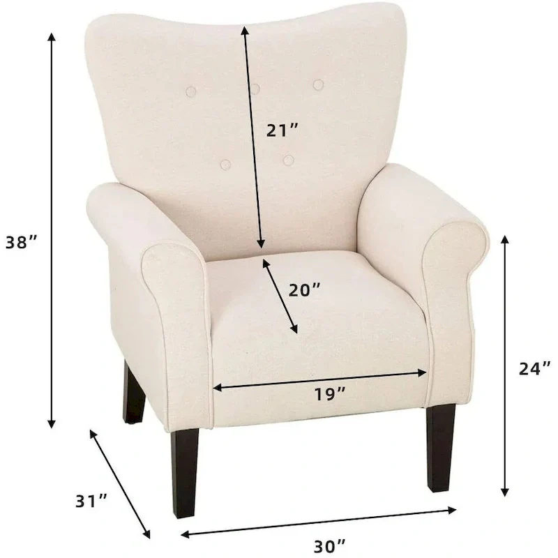 EROMMY Wingback Accent Chair, High-Back Upholstered Fabric Chair with Wooden Legs, Off-White