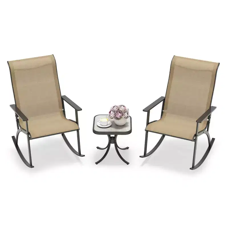 Costway 3 PCS Patio Rocker Set with High Backrest & Wood-Plastic Tabletop Coffee Table