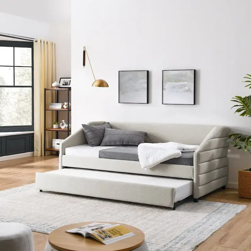Beige / Grey Linen Tufted Daybed with 2 Drawers, Twin / Full, Sleeps 1