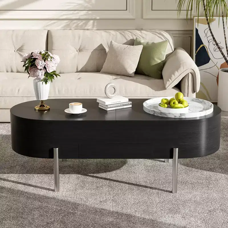 Lift Top Coffee Table with Tray, Oval Center Table with Storage, Modern Wood Sofa Table with Drawers for Living Room, 47.2''