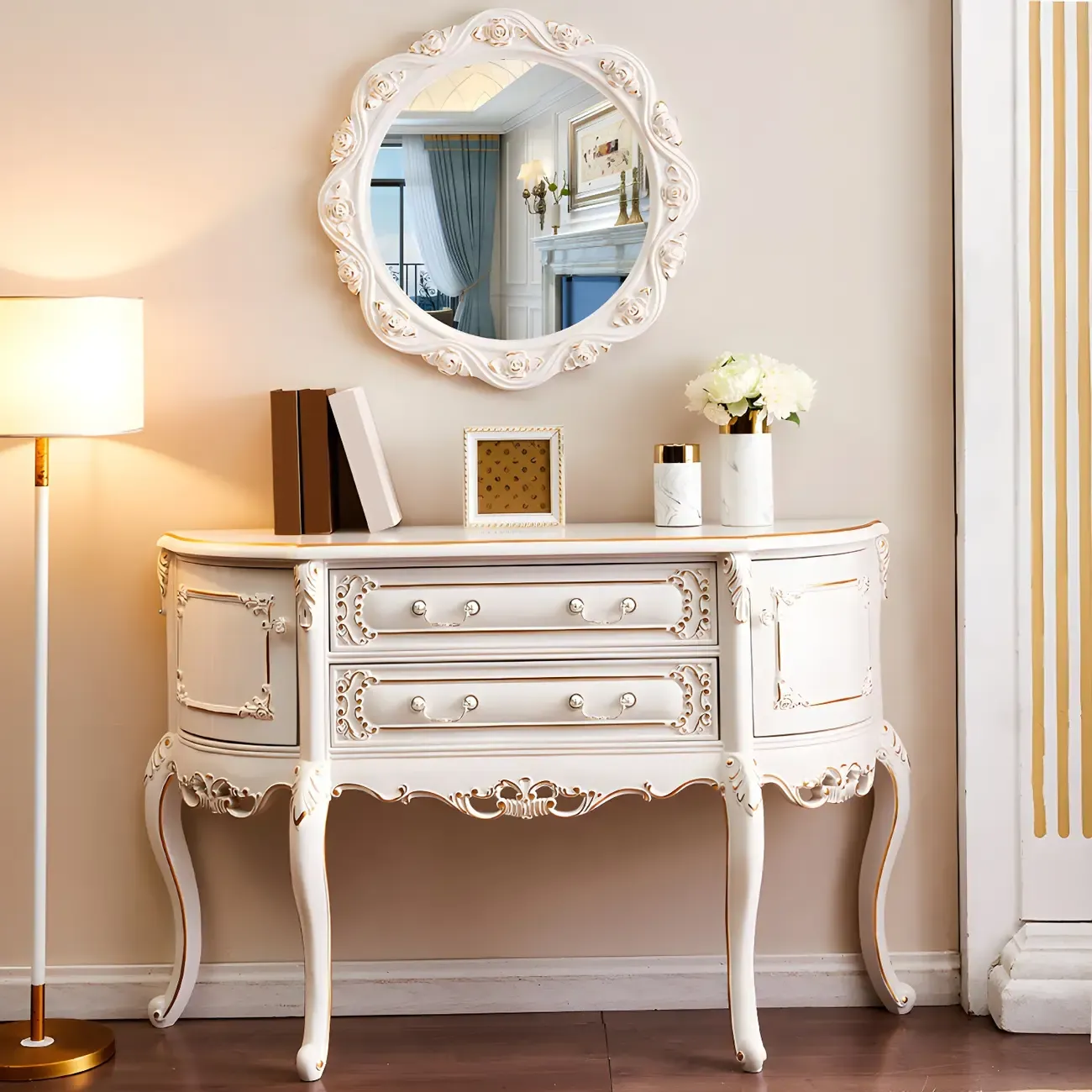 French White Wood Console Table with Drawers in Scratchproof