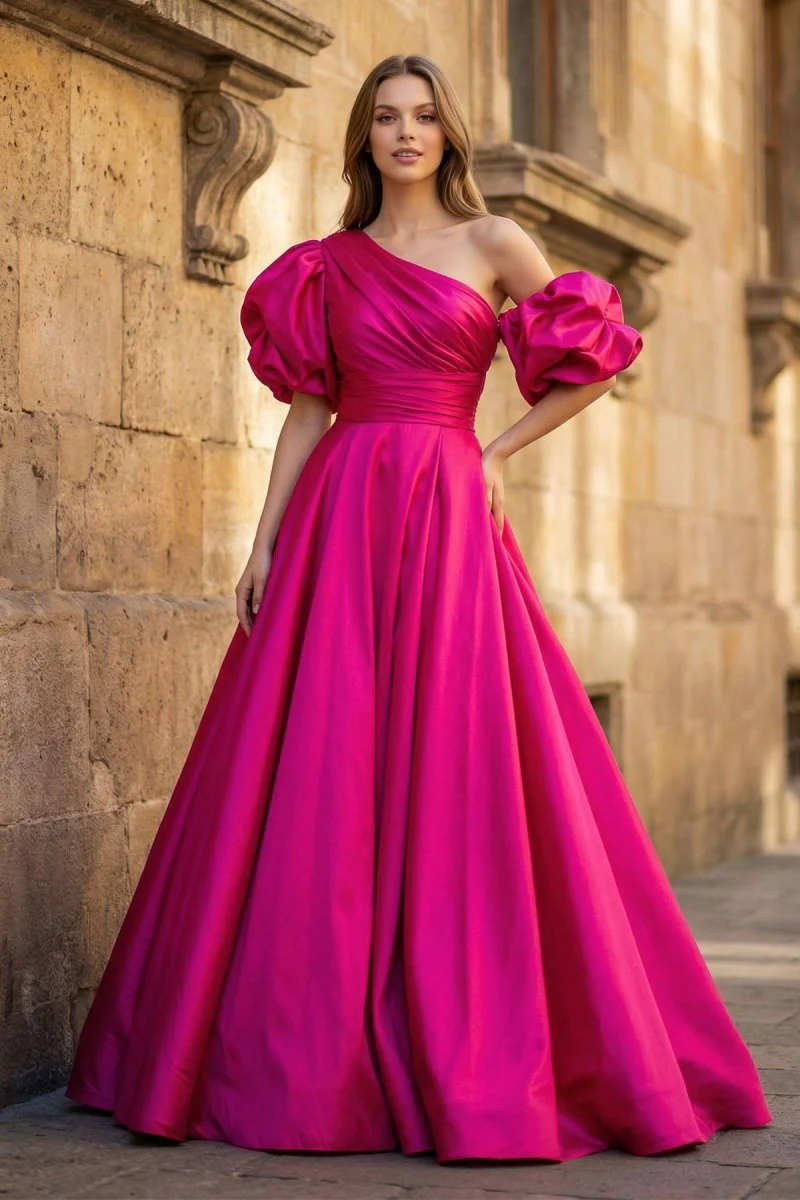 Fuchsia One-Shoulder A-Line Long Prom Dress with Puff Sleeves