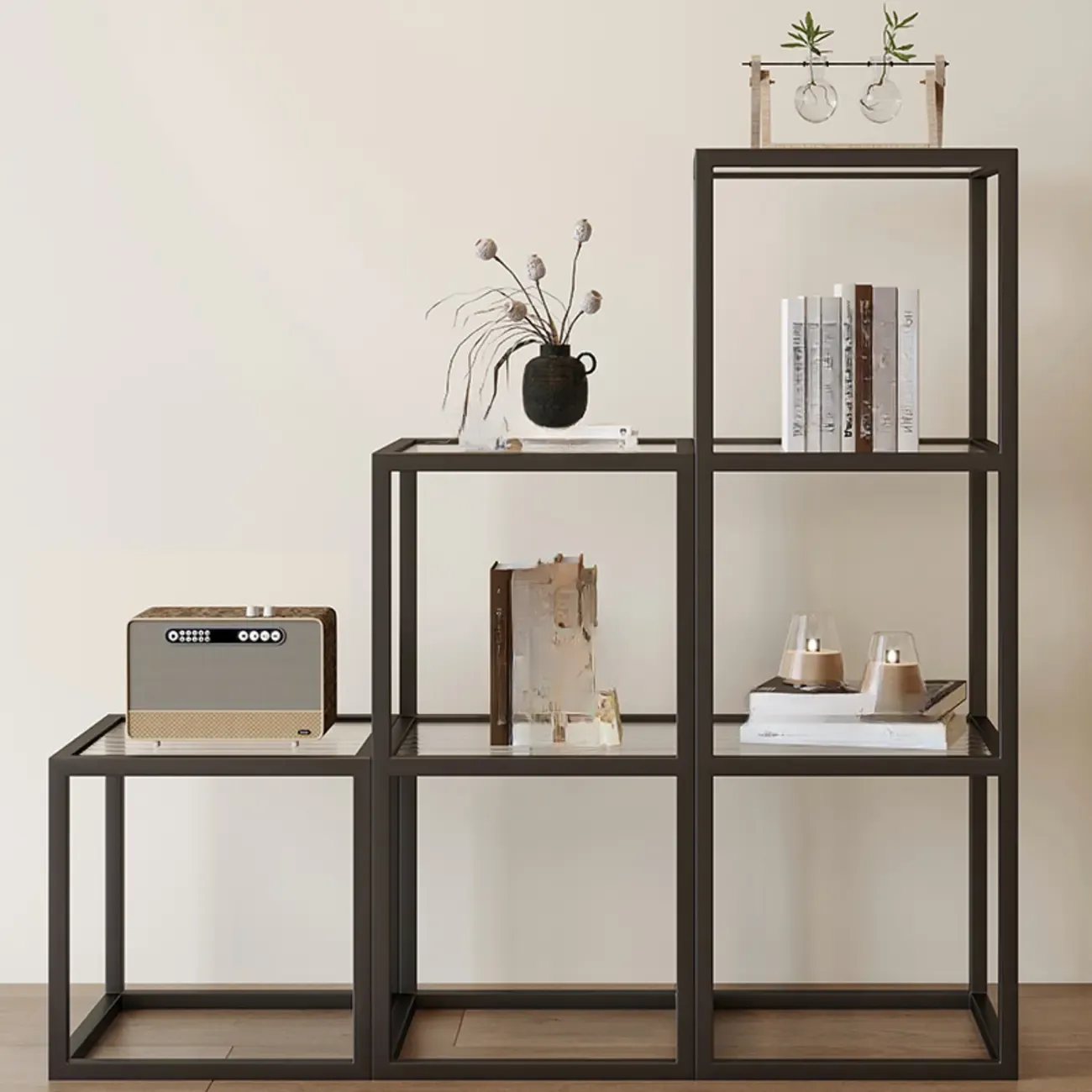 Modern Cube Open Metal Frame Black Bookcase