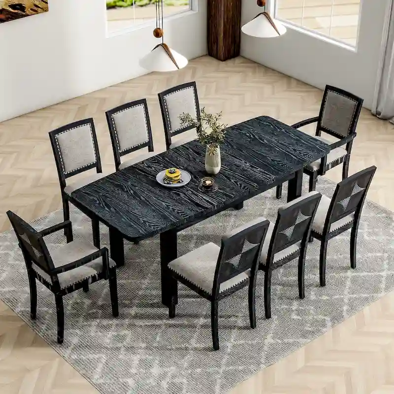 Rustic Extendable Dining Table Set with 24inch Removable Leaf, 6 Upholstered Armless Dining Chairs and 2 Padded Arm Chairs