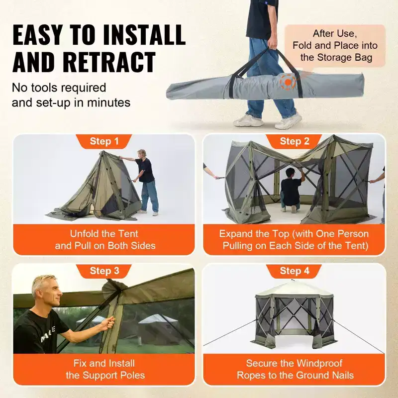 Pop Up Gazebo Screen Tent 10x10 FT 6-Sided Canopy Shelter with Removable Privacy Wind Cloths and Mesh