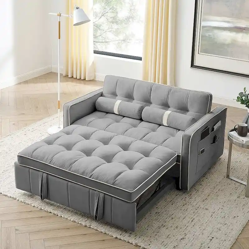 Velvet Multi-Functional Pull-Out Sofa Bed Adjustable Reclining Backrest With Pillows - N/A
