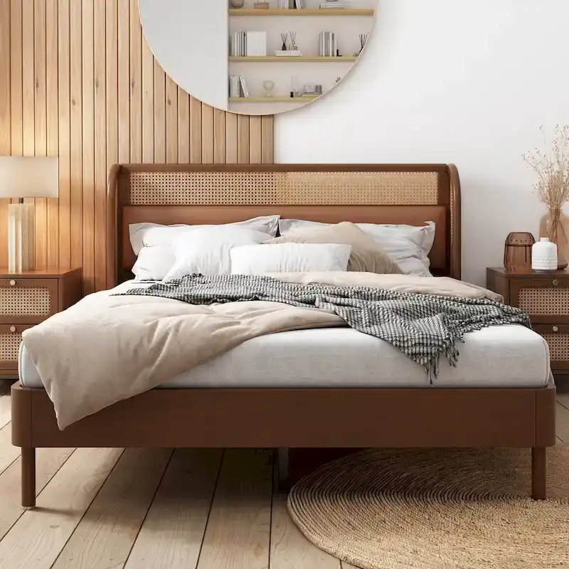 Rattan Wood Platform Queen Bed