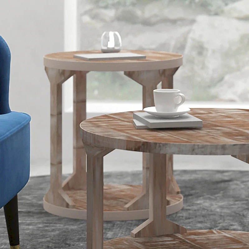 Beige Two-Tier Handmade Round Mango Wood End Table - Single Use