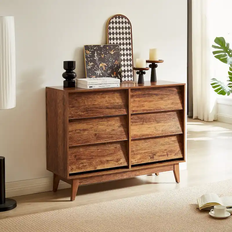 Brown / Black 6-Drawer Dresser – Mid-Century Bevel Style