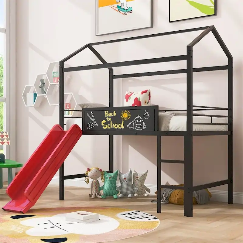 Twin Size House Loft Bed, Slide, Ladder, Two-Sided Writing Board, Metal Frame, Black & Red / Black / White, 1-Person Use