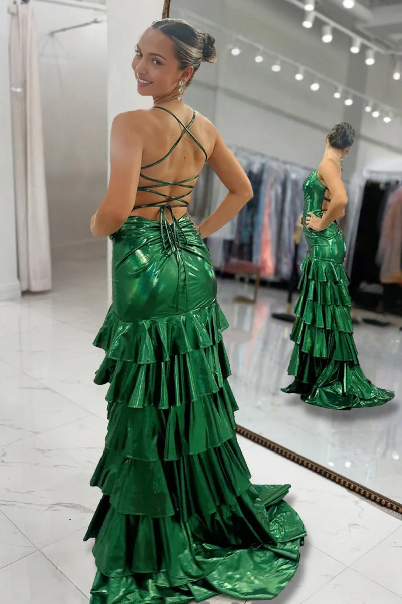 Dark Green Spaghetti Straps Mermaid Metallic Ruffled Prom Dresses With Slit