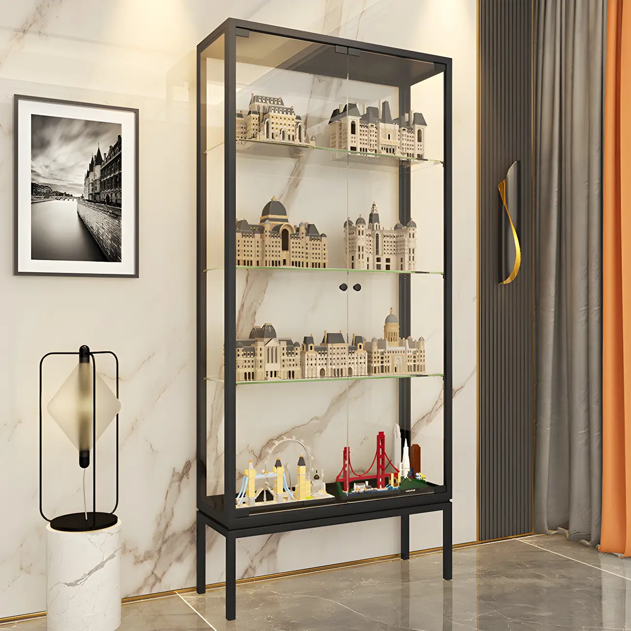 Glam Clear Glass Shelf Black Metal Frame Curio Cabinet