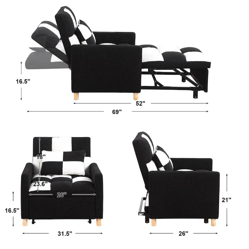 3-in-1 Convertible Sleeper Chair Bed, Single Sofa (Black White)