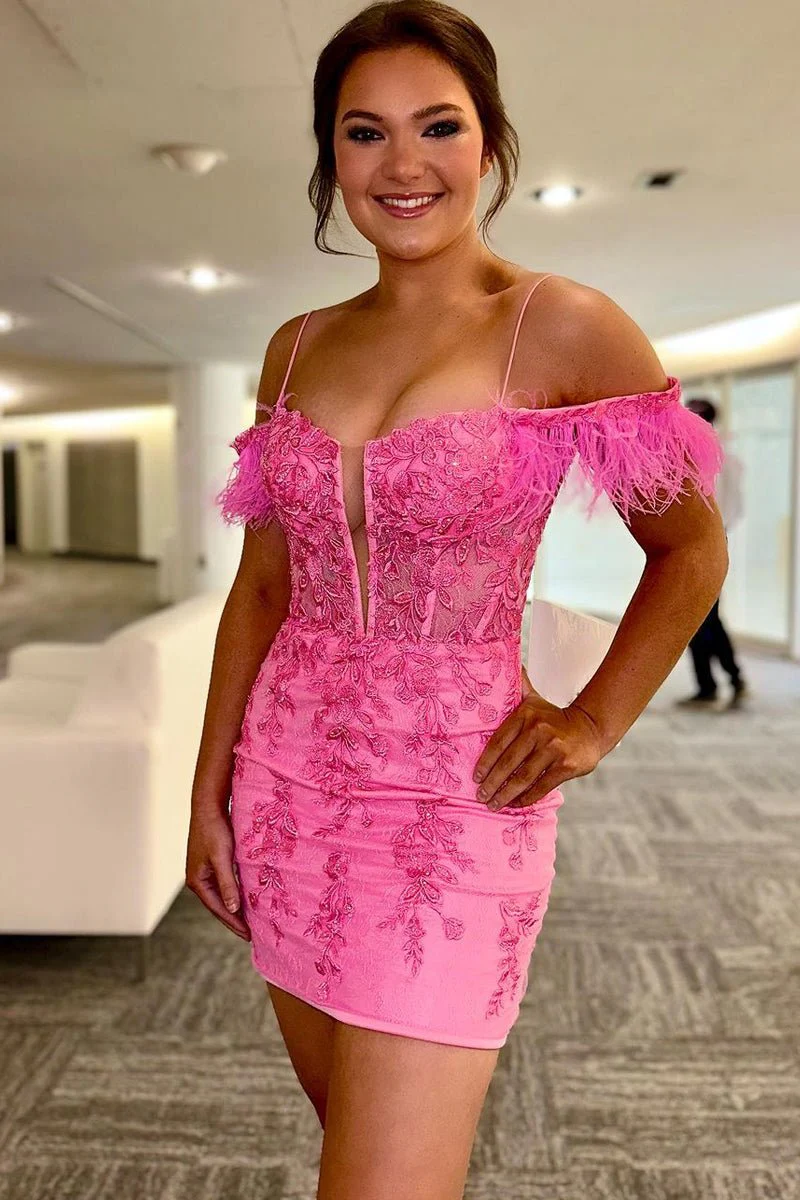 Sheath Off the Shoulder Pink Lace Homecoming Dress