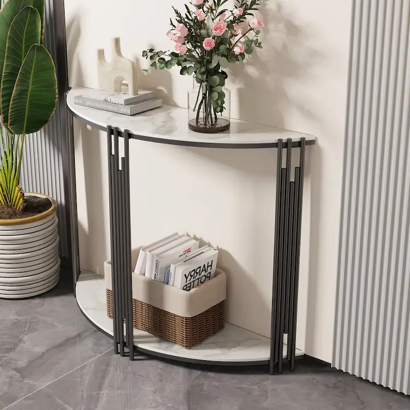 Half Moon Console Table with 2-Tier Storage