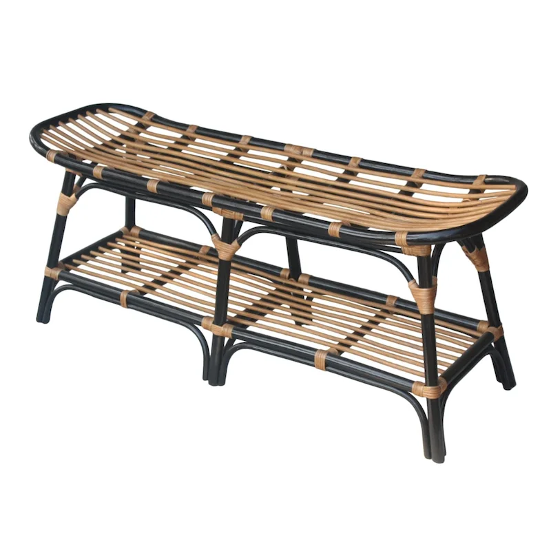 Black / Brown / White Rattan Bench with Open Shelf, 1-Seat