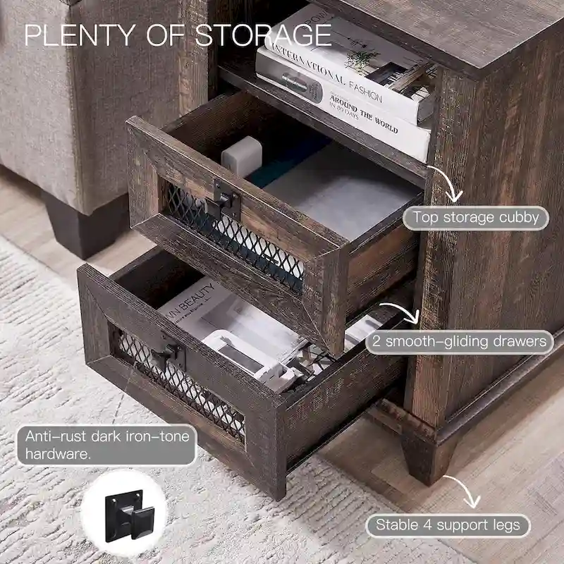 Farmhouse Nightstand with Charging Station, End Table, Side Table