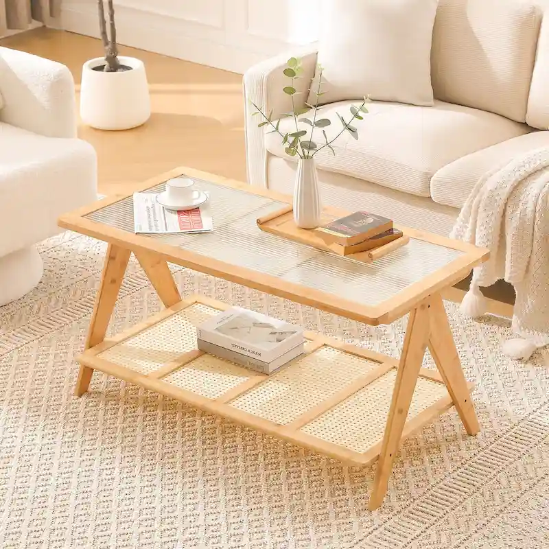 2-Tier Rectangular Coffee Table, Glass Top Sofa Table - 39.4L x 19.7W x 19.7D