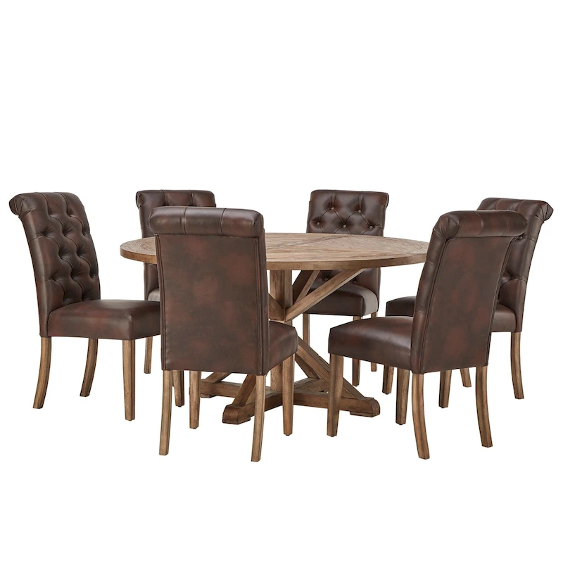 Benchwright Rustic X-base Round Pine Wood Rolled Back 7-piece Dining Set by iNSPIRE Q Artisan
