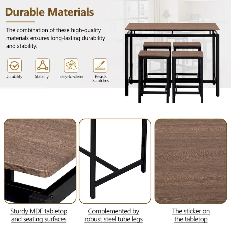 5-Piece Industrial Bar Table Set with Rectangular Table & 4 Chairs