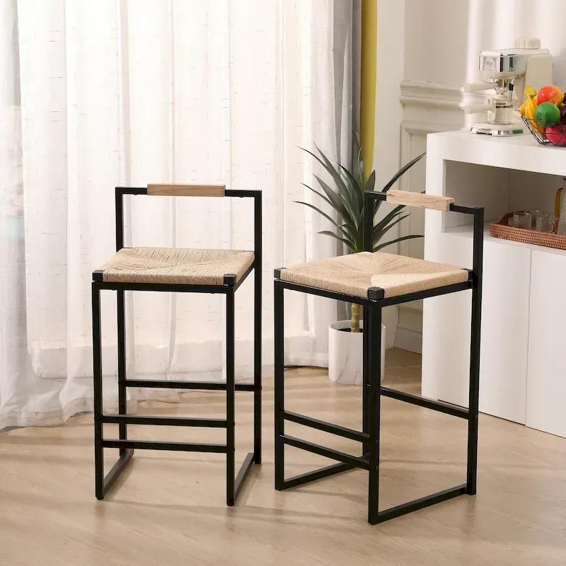 Bar Stools Set of 2 PU Leather Metal Frame Footrest High-Resilience Foam Gray Modern