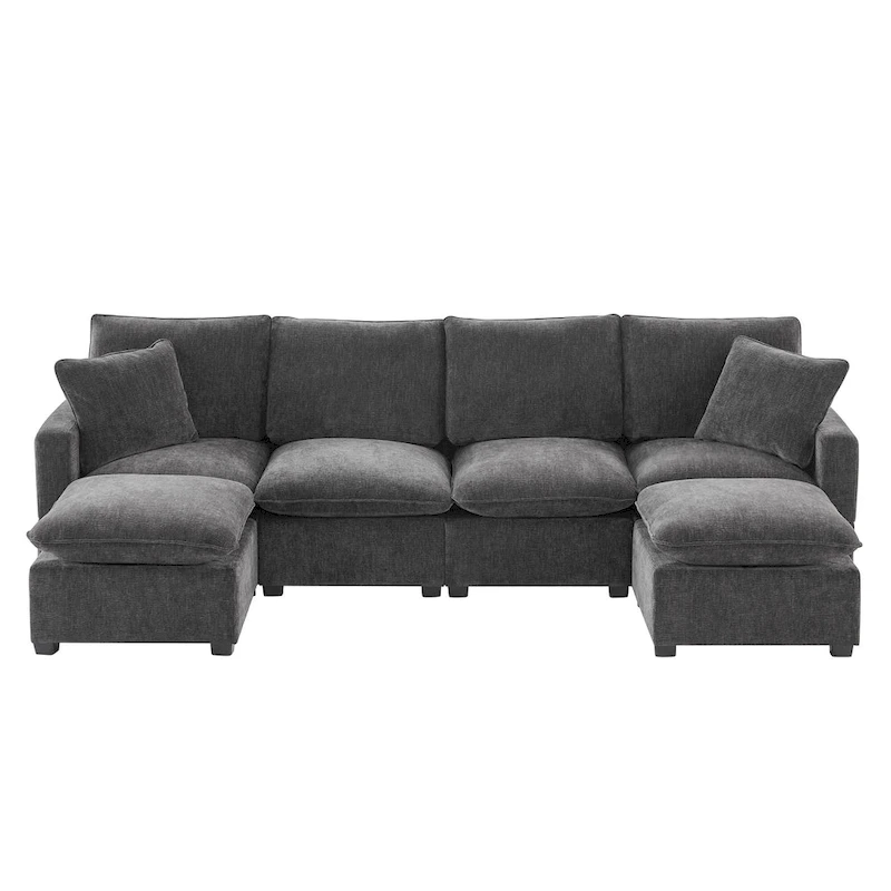 U Shape Modular Sofa, 6 Seat Chenille Deep Seat Sectional Couch