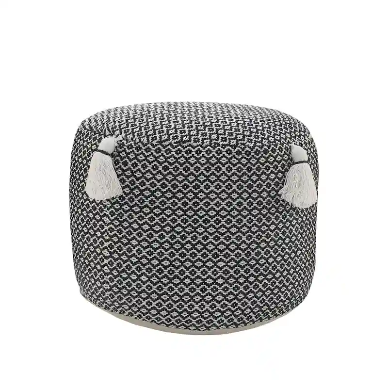 Black Cotton Geometric Pattern Cylinder Pouf Ottoman – 18 in – 1 Person