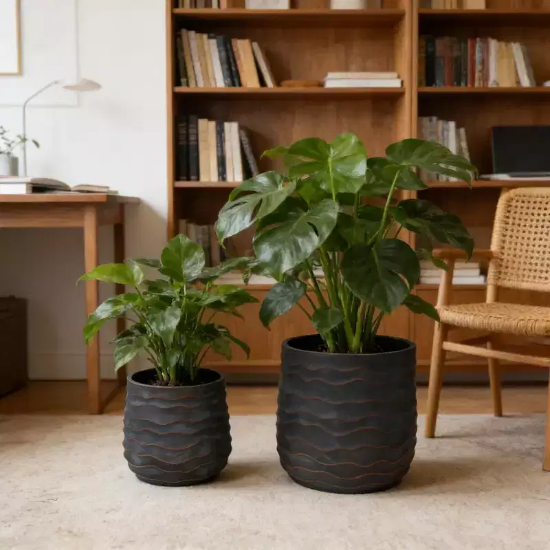 Large Round Planters Set of 2, 16x16 & 12x11, Lightweight Magnesium Oxide, Concrete Texture, Indoor Outdoor