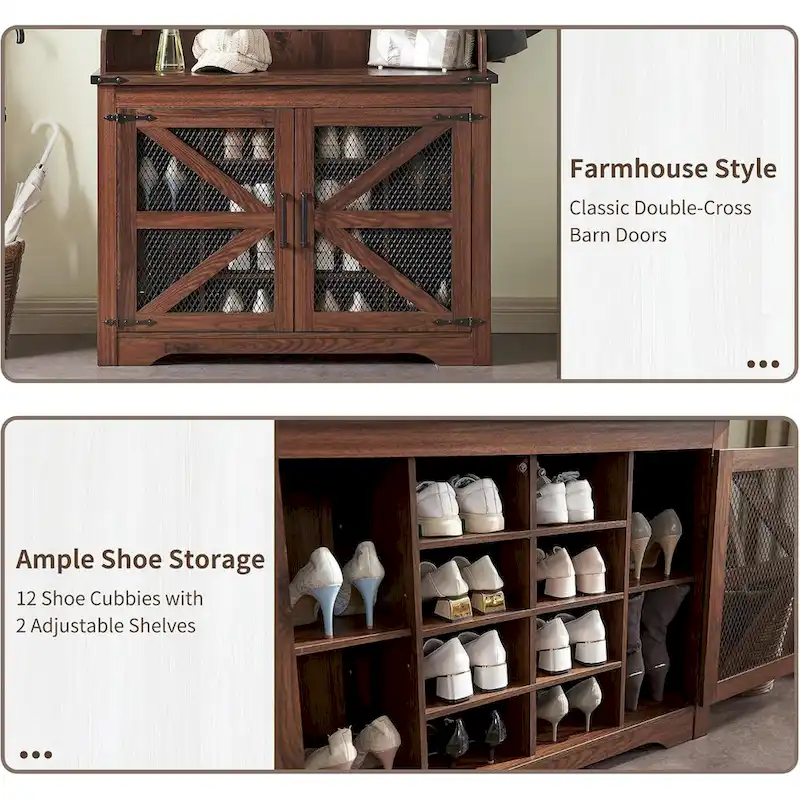 42 Wide Farmhouse Entryway Bench with Coat Rack, Mudroom Cabinet