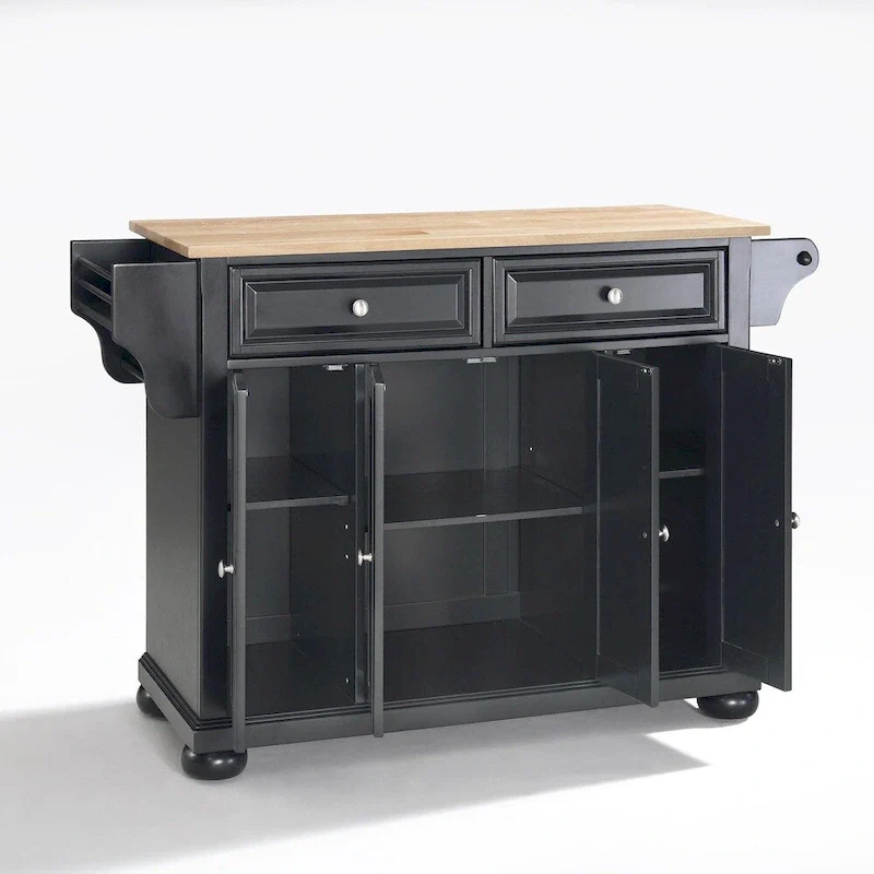 Crosley Alexandria Natural Wood Top Kitchen Island in Black Finish - 51.5 W x 18 D x 34 H