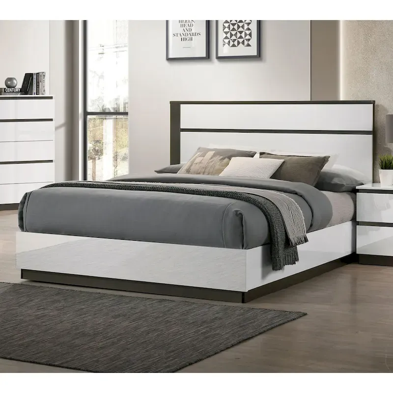 Contemporary Platform Bed - White High Gloss - Asymmetric Design