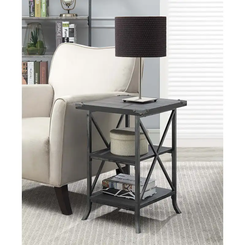 18-Inch End Table with Shelves, Hammered Metal Frame, Grooved Top Panel, Scrolled Feet for Living Room