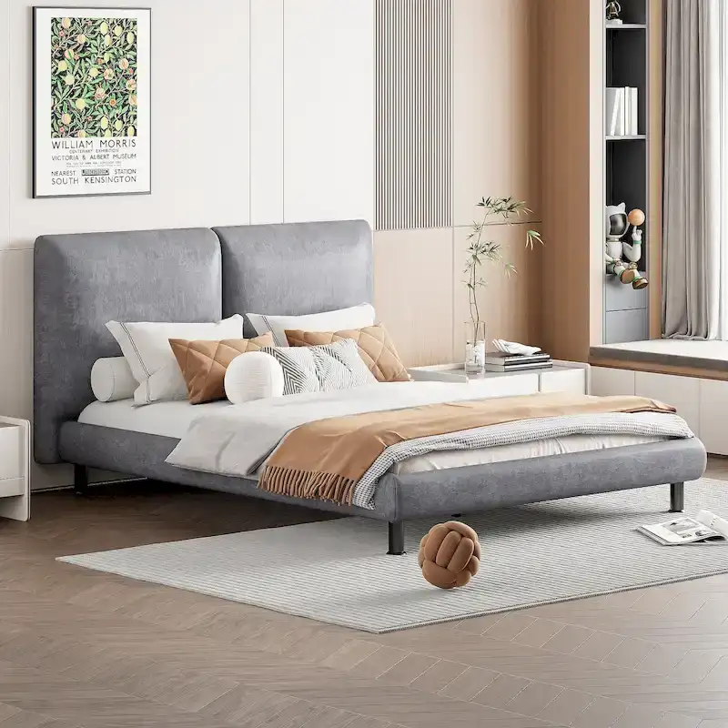 Upholstered Platform Bed with Two Large Headrests and Thick Fabric