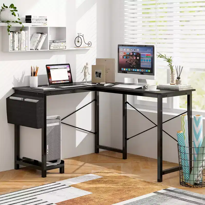 Costway L-Shaped Computer Desk Reversible Home Office Desk with Side Storage Bag & Host Stand Dark Gray