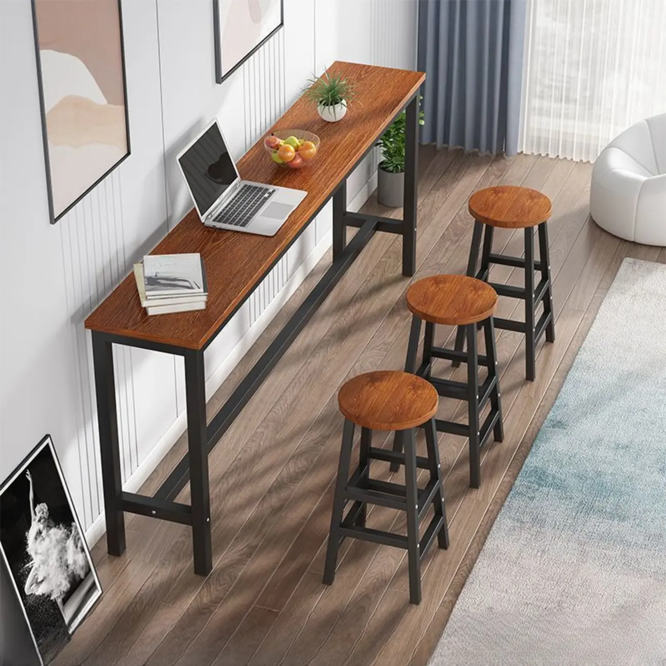 Grey Rectangle Wood Metal Footrest Bar Tables