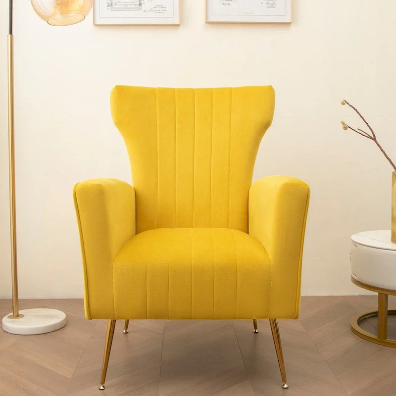 Pink / Yellow / Green / White / Rose Red Velvet Wingback Accent Chair with Gold Legs – Single