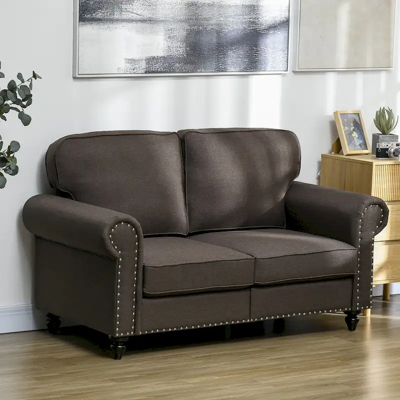 HOMCOM 61  Loveseat Sofa, Mid Century Modern 2 Seater Small Couch with Nailhead Trim, Rolled Arm, Fabric Upholstered Love Seat