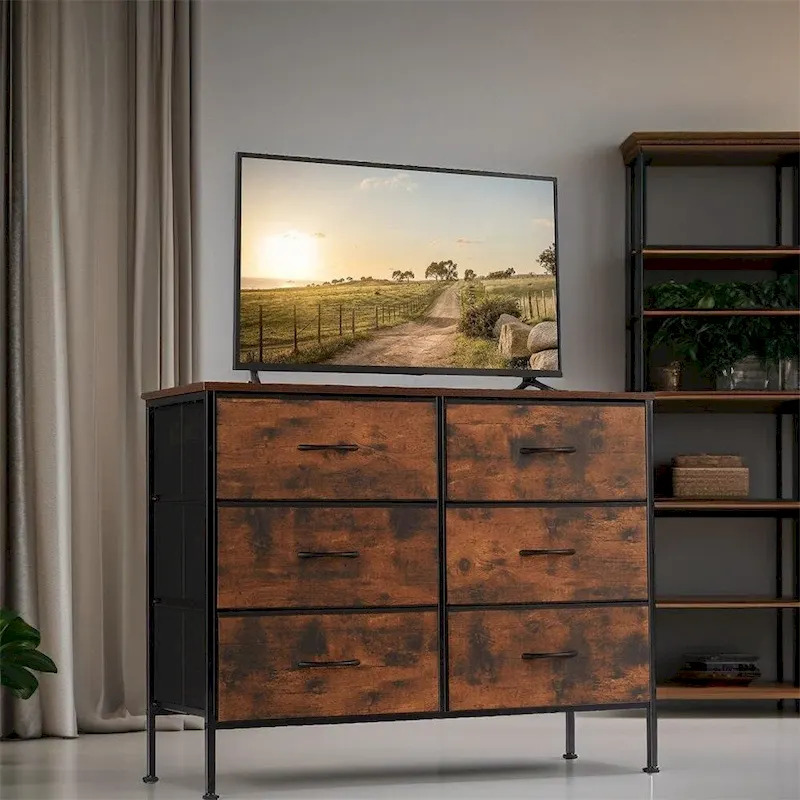 6 Drawers Dresser Chest with Metal Frame and Wooden Top