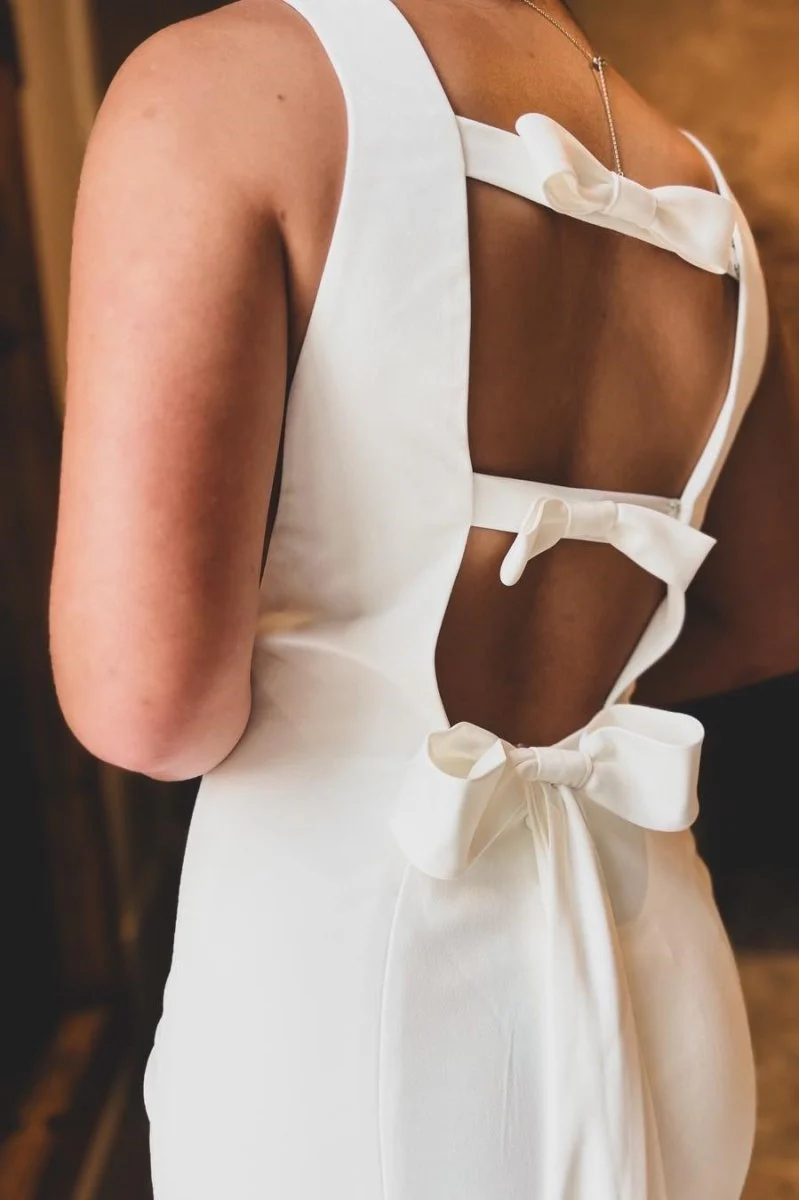 White Satin Bateau Open Back Mermaid  Long Wedding Dress