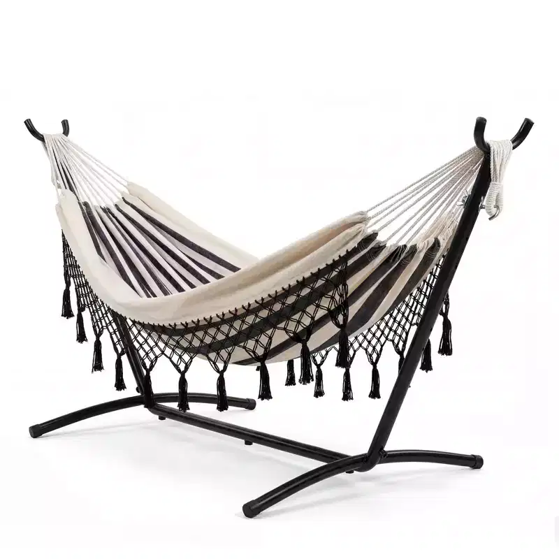 Double Hammock with 9-Foot Stand, 450 lbs Capacity 2-Person Boho Hammock with Tassels, Large Indoor/Outdoor Bed for Backyard, Patio, Garden, or Beach