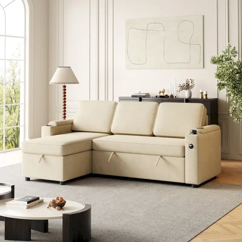 L-Shaped Convertible Sofa Bed with Storage and Charging Ports